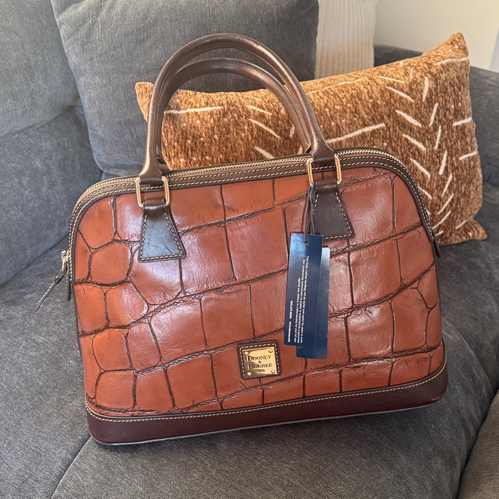 Dooney & Bourke Brown Croc-Embossed Satchel with Dark Brown Trim/New